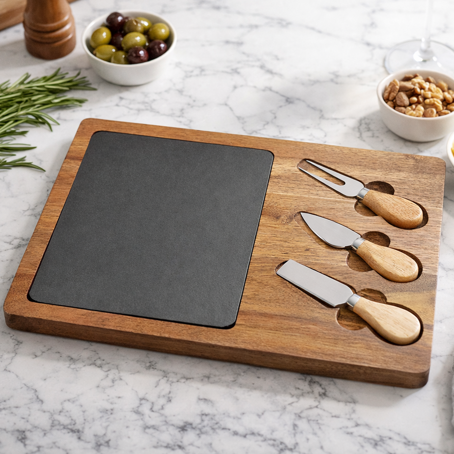 Wooden cheese board with slate surface and three cheese knives on a marble countertop.